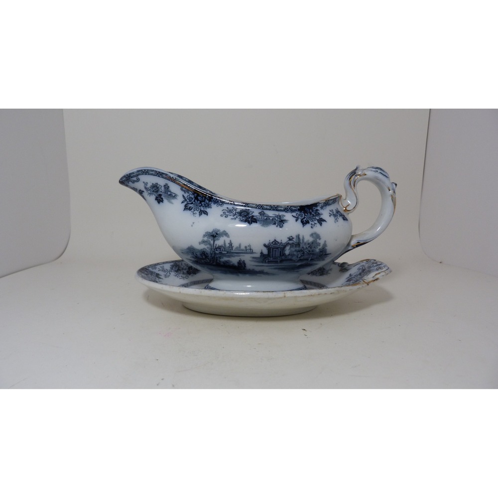 Royal Doulton Madras Flow Blue Gravy Boat and Underplate Antique Chinoiserie